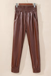 Brown Smocked High-Waist Leather Skinny Pants-Bottoms-MomFashion