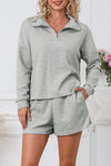 Gray Ribbed Zipper Sweatshirt and High Waist Shorts Set-Loungewear-MomFashion