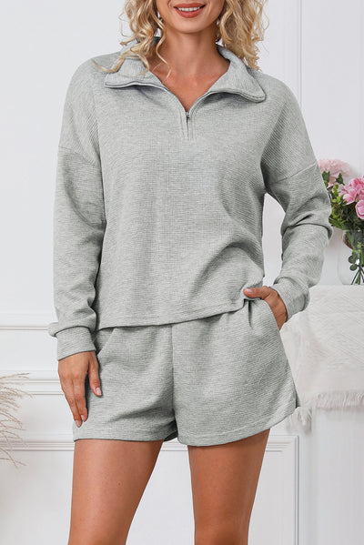 Gray Ribbed Zipper Sweatshirt and High Waist Shorts Set-Loungewear-MomFashion