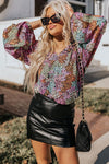 Multicolor Vibrant Floral Tie V Neck Puff Sleeve Blouse-Tops-MomFashion