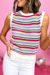 White Colorful Stripe Scalloped Trim Sweater Vest-Tops-MomFashion