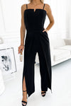 Black Spaghetti Straps Slit Leg Jumpsuit with Pockets-Bottoms-MomFashion