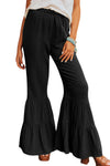 Black Textured High Waist Ruffled Bell Bottom Pants-Bottoms-MomFashion