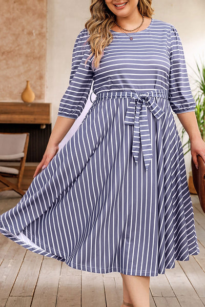 Gray Striped Tie Waist 3/4 Sleeve Plus Size Dress-Plus Size-MomFashion