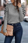 Gray Buttoned Puff Long Sleeve Sheath Top-Tops-MomFashion