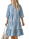 Sky Blue Ruffled Denim Full Buttoned Midi Dress-Dresses-MomFashion