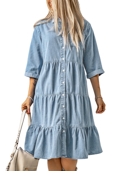 Sky Blue Ruffled Denim Full Buttoned Midi Dress-Dresses-MomFashion