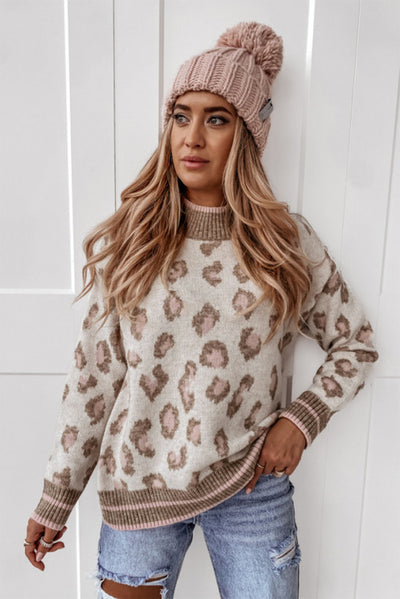 Brown Two-tone Ribbed Trim Contrast Leopard Sweater-Tops-MomFashion