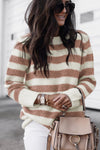 Brown Striped Round Neck Casual Sweater-Tops-MomFashion