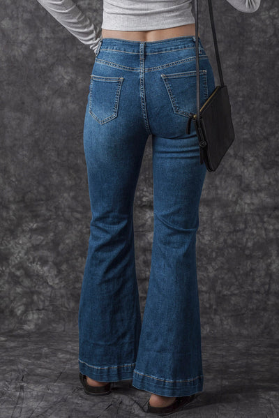 Blue High Waist Seam Stitching Pocket Flare Jeans-Bottoms-MomFashion