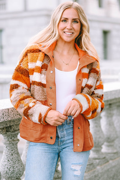 Brown Quilted Patch Pockets Aztec Furry Jacket-Outerwear-MomFashion