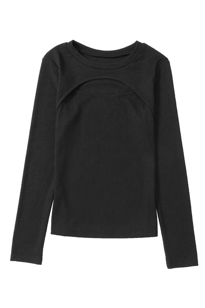 Black Ribbed Peekaboo Cutout Long Sleeve Top-Tops-MomFashion