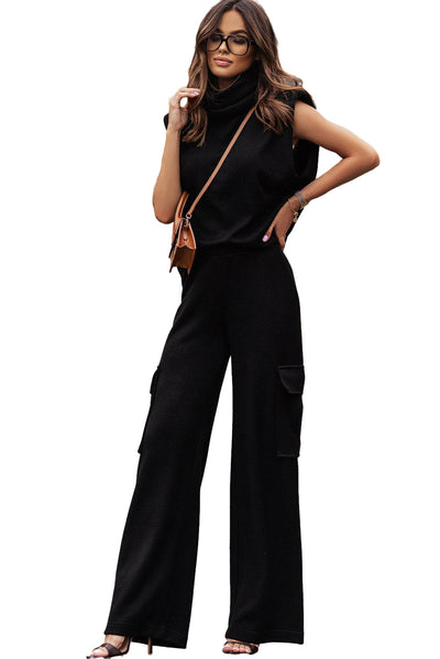Black High Neck Sleeveless Vest and Cargo Pants Outfit-Loungewear-MomFashion