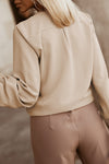 Khaki Crew Neck Gathered Stretch Cuff Shirt-Tops-MomFashion