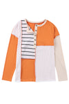 Orange Stripe Color Block Splicing Long Sleeve Henley Top-Tops-MomFashion