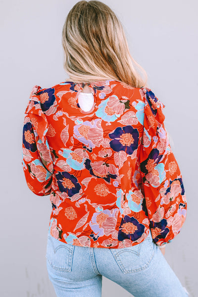 Fiery Red Floral Print Ruffle Puff Sleeve Blouse-Tops-MomFashion