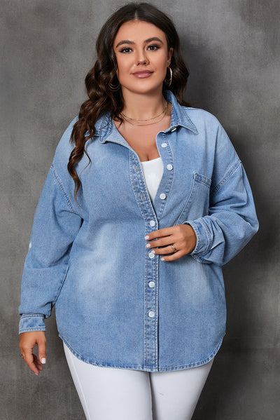 Sky Blue Plus Size Chest Pocket Button-Up Denim Shacket-Plus Size-MomFashion