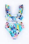 Green Tropical Print Ruffled Square Neck Tie High Waist Swimsuit-Swimwear-MomFashion