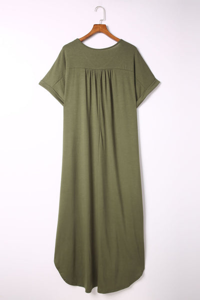 Green Plus Size V Neck Rolled Cuffs Maxi Dress-Plus Size-MomFashion