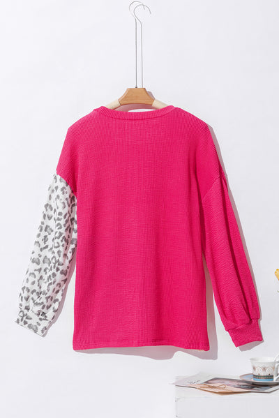 Rose Leopard Patchwork Color Block Ribbed Long Sleeve Top-Tops-MomFashion