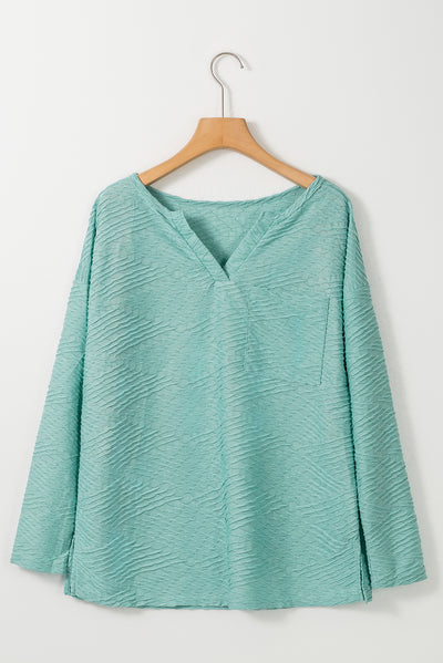 Green Textured Split Neck Long Sleeve Top-Tops-MomFashion