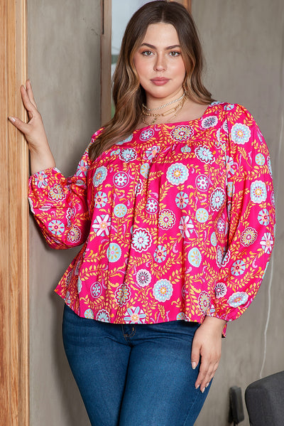 Pink Plus Size Square Neck Floral Blouse-Plus Size-MomFashion