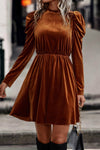 Chestnut Velvet Frilled Neck Gigot Sleeve Swing Dress-Dresses-MomFashion