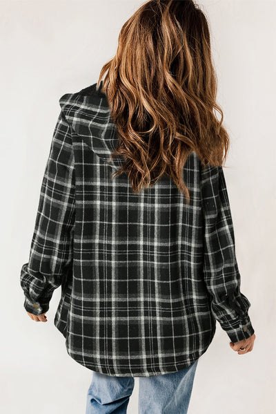 Black Plaid Pattern Sherpa Lined Hooded Shacket-Outerwear-MomFashion