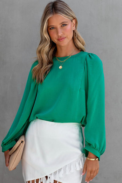 Green Satin Puff Long Sleeve Crewneck Blouse-Tops-MomFashion