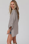 Gray Ribbed Roll-tab Sleeve Chest Pocket Oversize Top-Tops-MomFashion