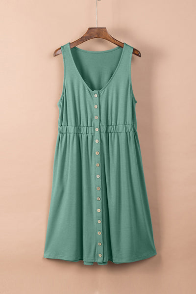 Green Buttons Sleeveless High Waist Mini Dress-Dresses-MomFashion