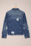 Blue Lapel Distressed Raw Hem Buttons Denim Jacket-Outerwear-MomFashion