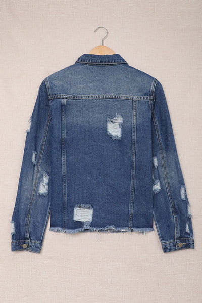 Blue Lapel Distressed Raw Hem Buttons Denim Jacket-Outerwear-MomFashion