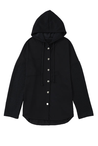 Black Button Up Contrast Knitted Sleeves Hooded Jacket-Outerwear-MomFashion