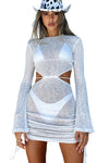 White Strappy Tie Back Cutout Sheer Knit Bell Sleeve Cover Up-Swimwear-MomFashion