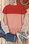 Fiery Red Color Block Long Sleeve Ribbed Loose Top-Tops-MomFashion