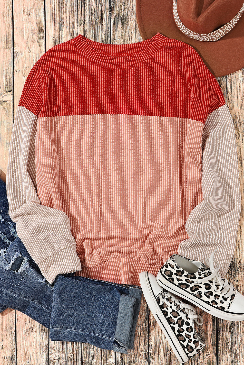 Fiery Red Color Block Long Sleeve Ribbed Loose Top-Tops-MomFashion
