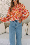 Grapefruit Orange Frilled Split Neck Bubble Sleeve Floral Blouse-Tops-MomFashion