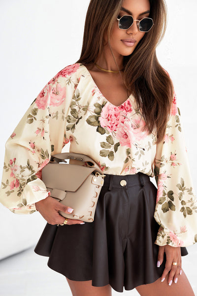 Beige Floral Print Lantern Sleeve V-Neck Blouse-Tops-MomFashion