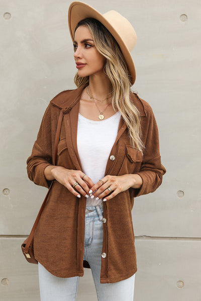 Brown Contrast Flap Pockets Relaxed Shacket-Outerwear-MomFashion