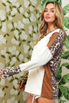 White Leopard Color Block Patchwork Split Neck Long Sleeve Top-Tops-MomFashion