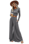 Gray Solid Color Ribbed Crop Top Long Pants Set-Loungewear-MomFashion