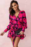 Rose Floral Print V Neck Wrap Bishop Sleeve Ruffle Tiered Mini Dress-Dresses-MomFashion