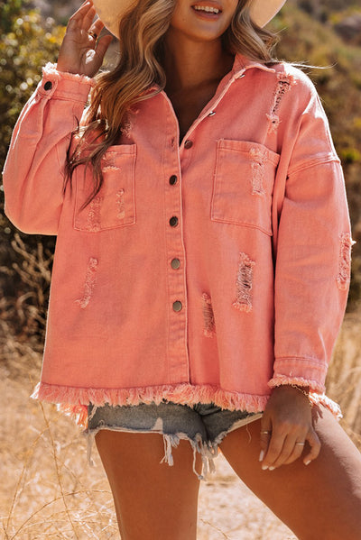 Orange Distressed Fringe Trim Denim Jacket-Outerwear-MomFashion