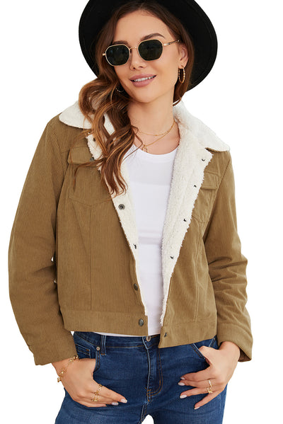 Khaki Corduroy Sherpa Snap Button Flap Jacket-Outerwear-MomFashion