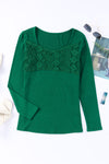 Green Lace Crochet V Neck Long Sleeve Top-Tops-MomFashion