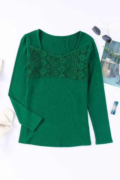 Green Lace Crochet V Neck Long Sleeve Top-Tops-MomFashion