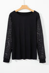 Black Sequin Contrast Long Sleeve Plus Size Top-Plus Size-MomFashion