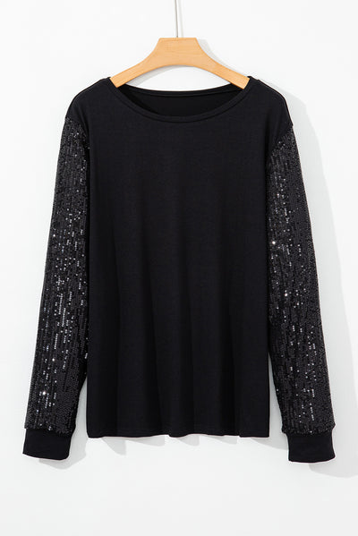 Black Sequin Contrast Long Sleeve Plus Size Top-Plus Size-MomFashion