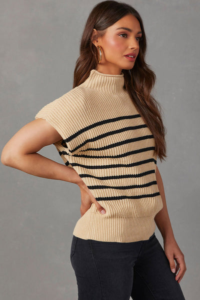 Parchment Striped Ribbed Knit High Neck Sweater-Tops-MomFashion